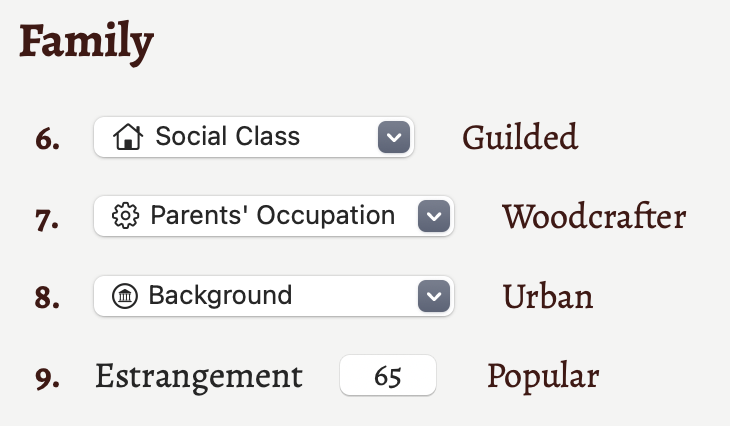 The family section of a new character creation window.