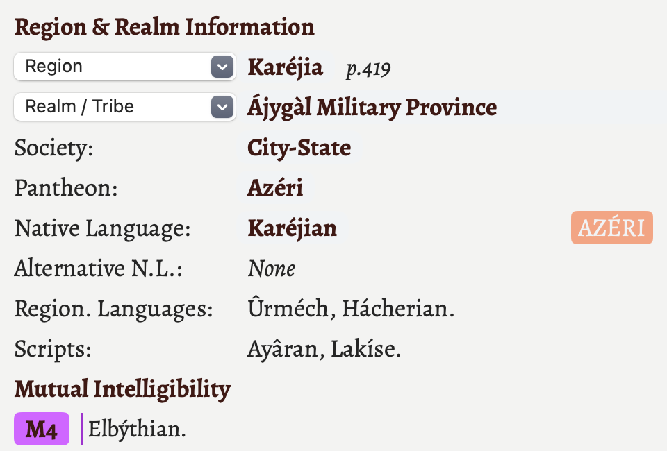 The regions and languages tool showing Karéjia and Àjygàl province.
