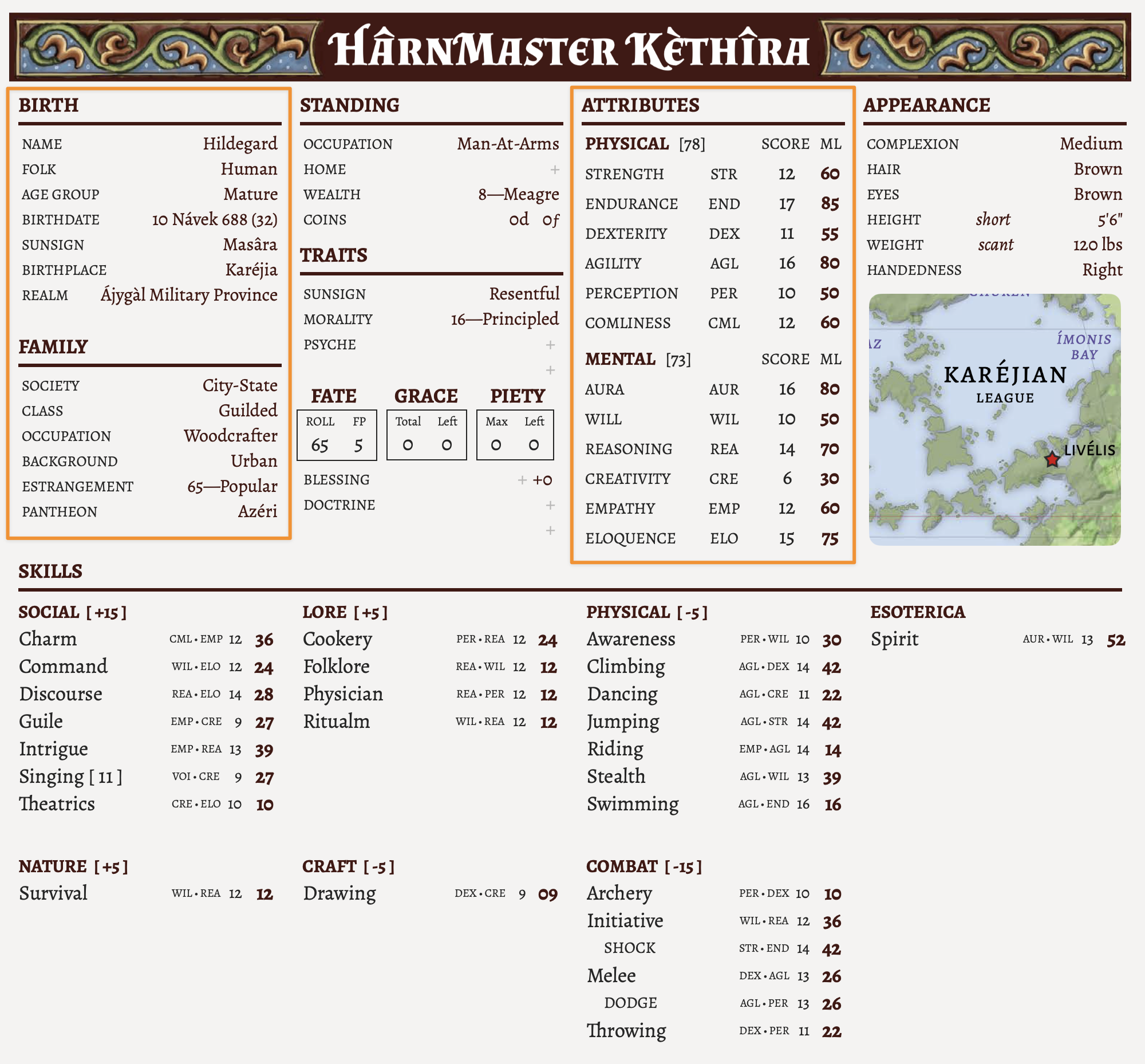 The character sheet for Hildegard, a Karejian human mature character at step 10.6 of character creation.