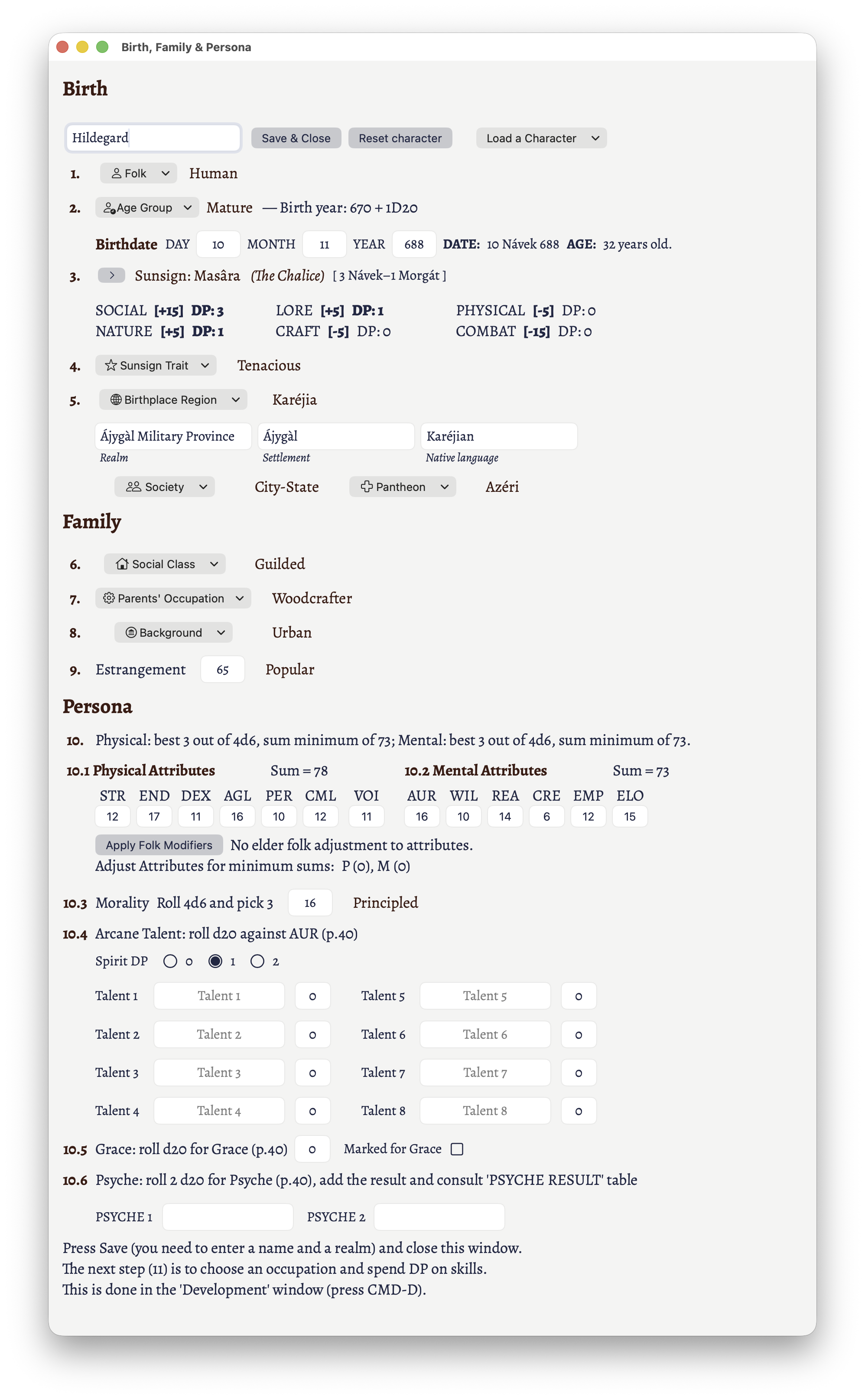 The birth section of a new character creation window.