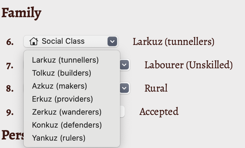 The family section of a new character from the Kuzhai Folk.
