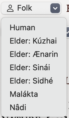 The birth section of a new character creation window showing the Folk menu.