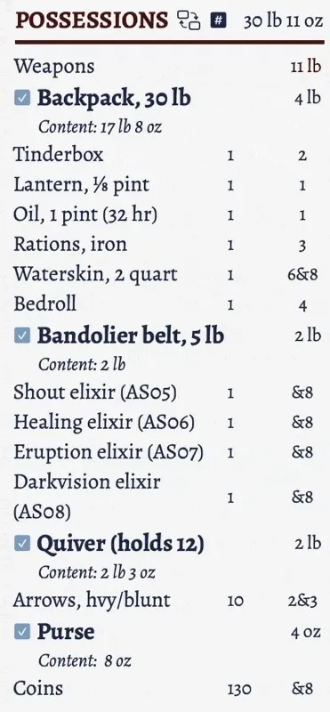 Part of the character sheet showing the possession and checking and unchecking the backpack.