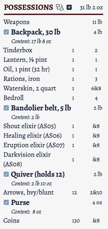 Part of the character sheet showing the possession and editing the number of bolts the character has.