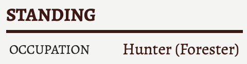 The character sheet showing the occupation of hunter forester.