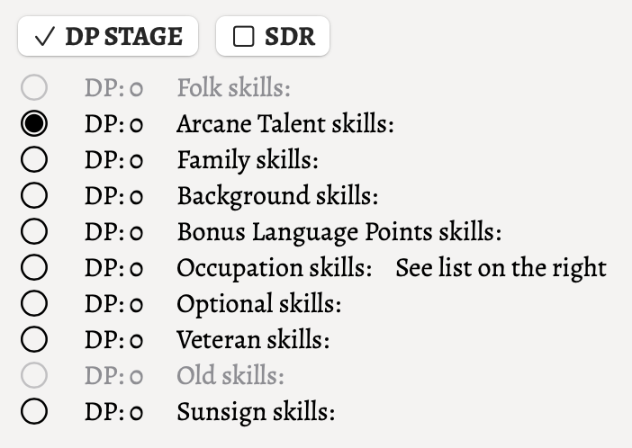 The skills development buttons for mode selection with DP Stages selected.