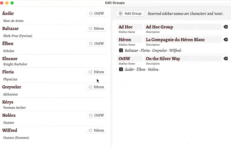 Adding characters to groups.