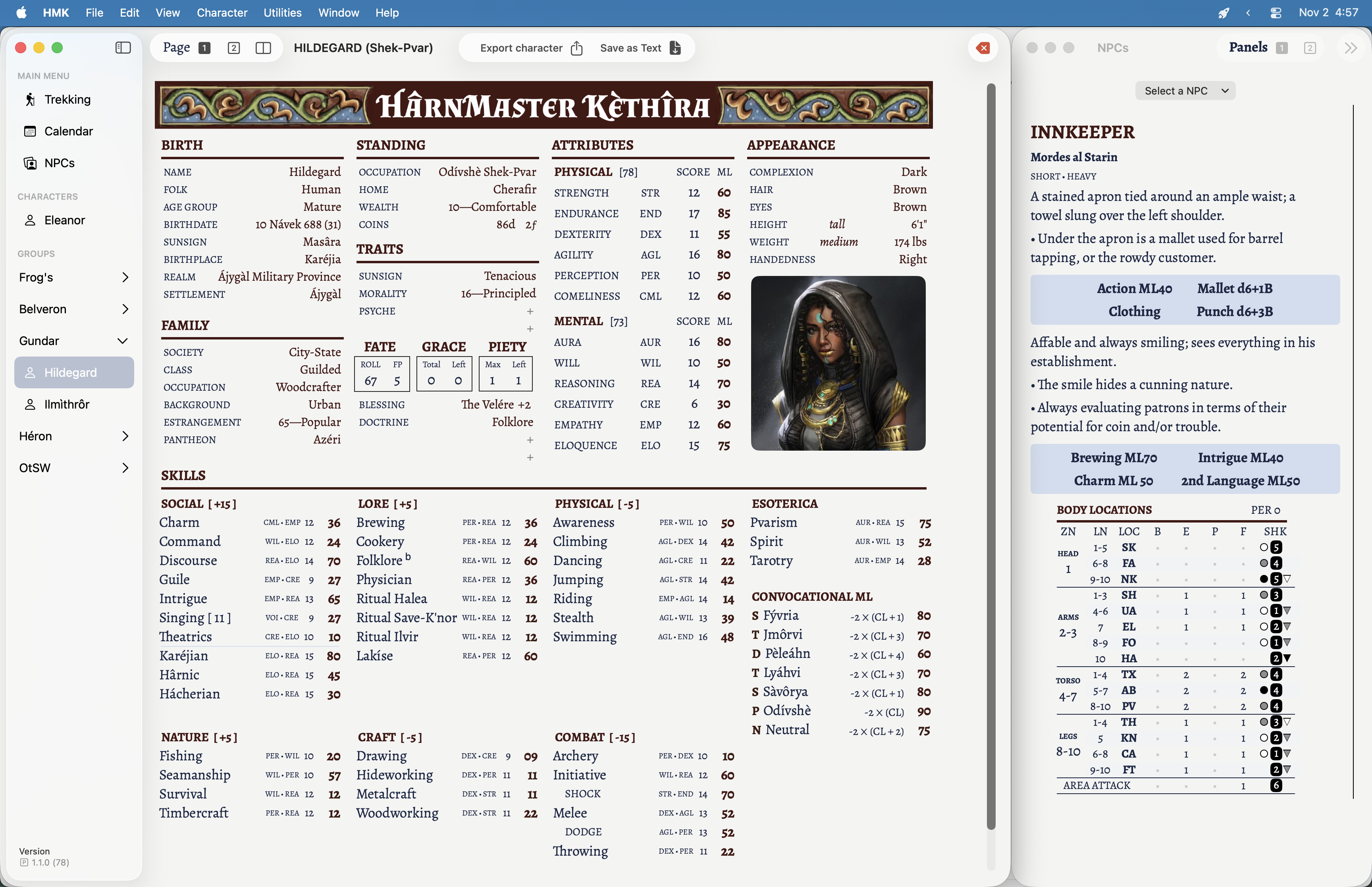 A view of a main window with a character shown and a single-panel NPC view showing an innkeeper on the side.