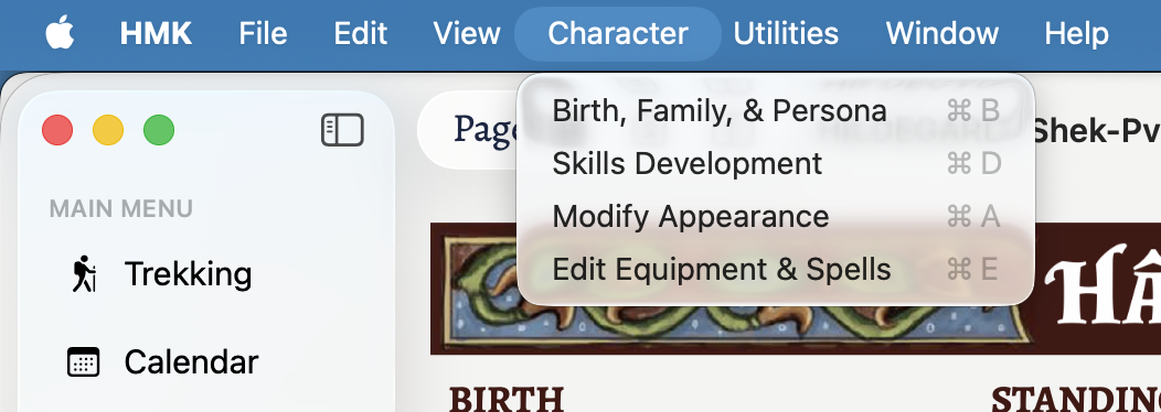 A view of the Character menu.