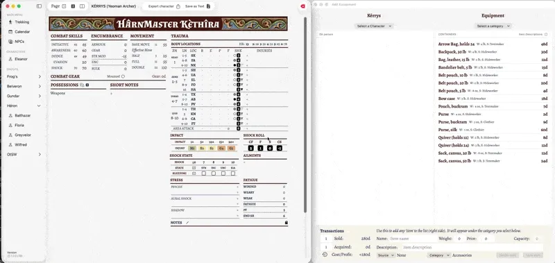 Kérrys add items to his character and tracking his total.