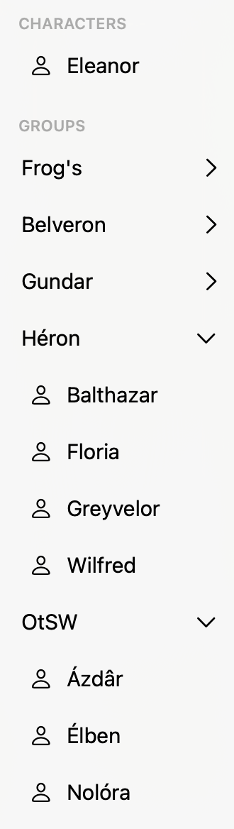 Closeup of the characters section of the sidebar.