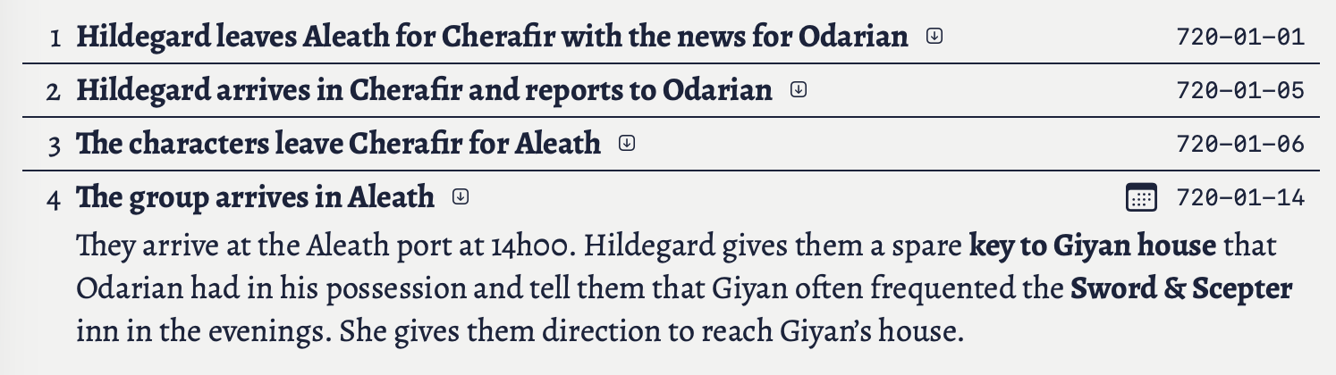 An example of notes in the campaign panel showing an expanded note.