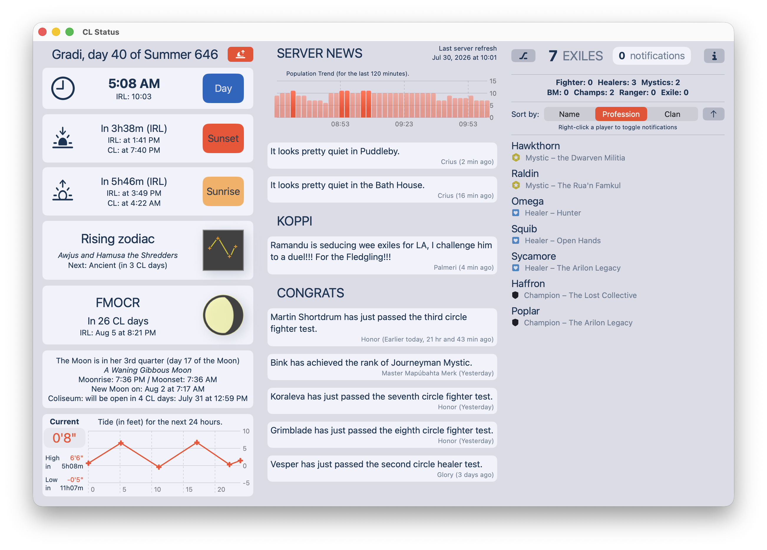 A screenshot of the main 'CL Status' window of my Trinary macOS application.
