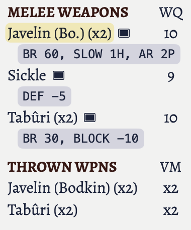 The melee weapons section showing two bodkin javelins, written as 'Javelin (Bo.) (X2)'.