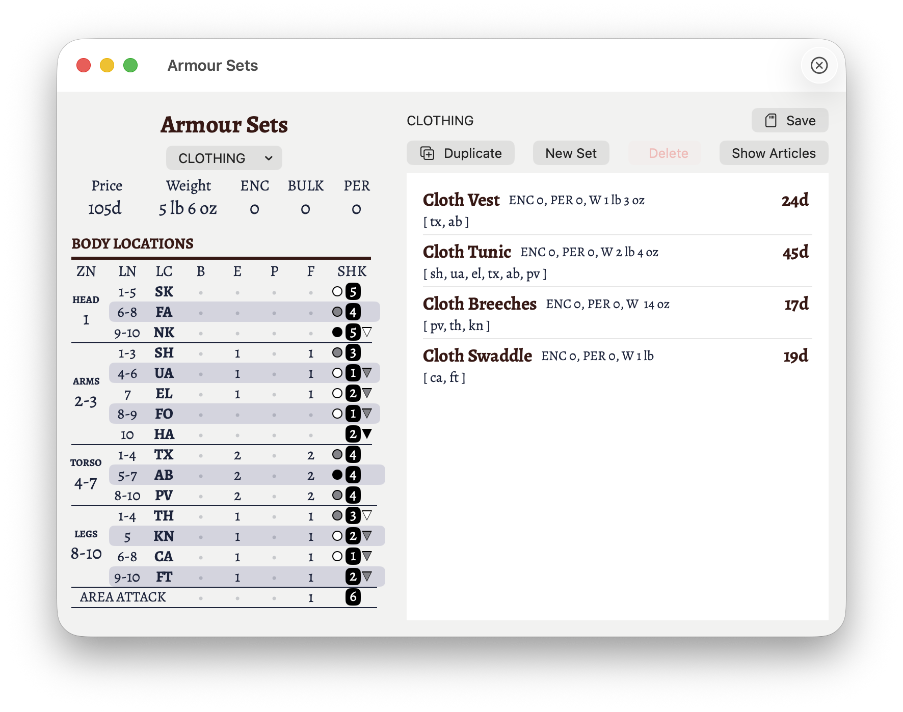 The body location table for the 'Clothing' armour set with the editor open.
