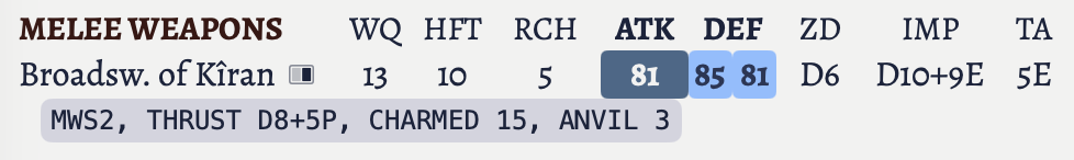 A magical weapon with a Charm and an Anvil enchantment.