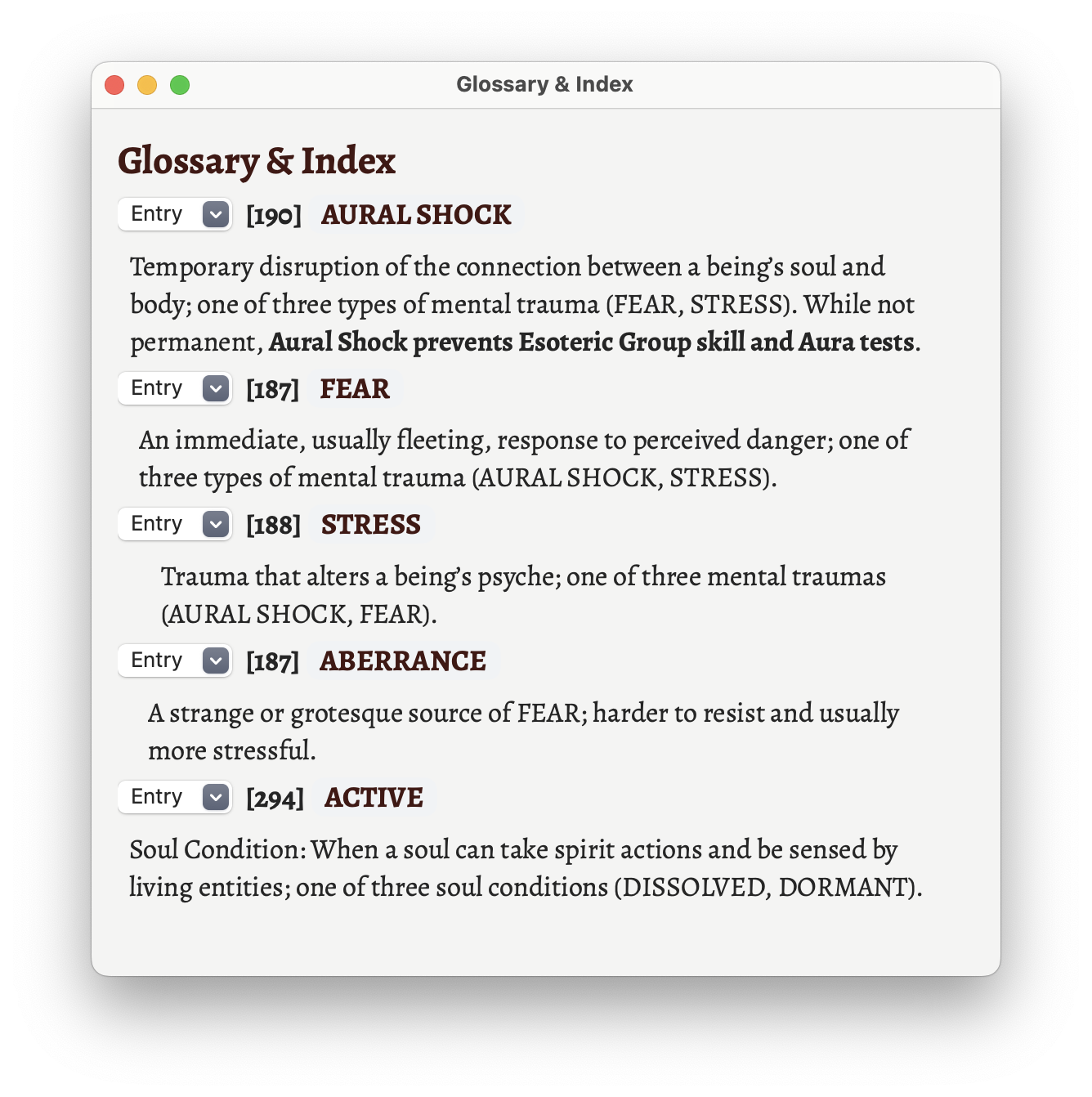 The glossary and index view.