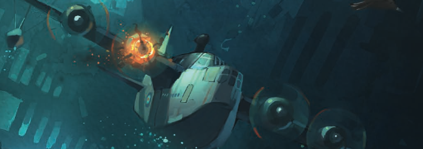 A plane with an engine in flame crashing through a mysterious ancient structure.