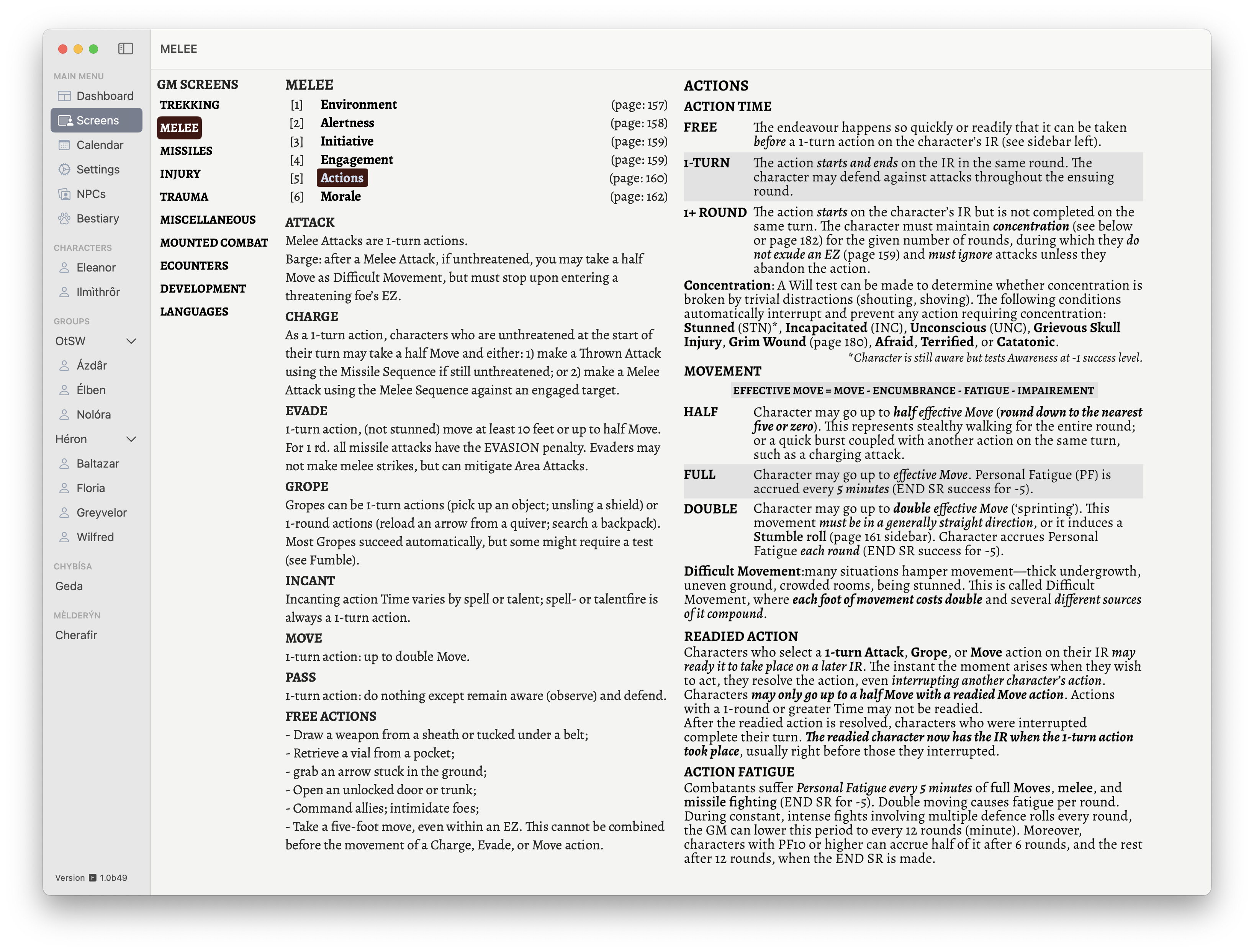 The Action section of the Melee GM Screen.