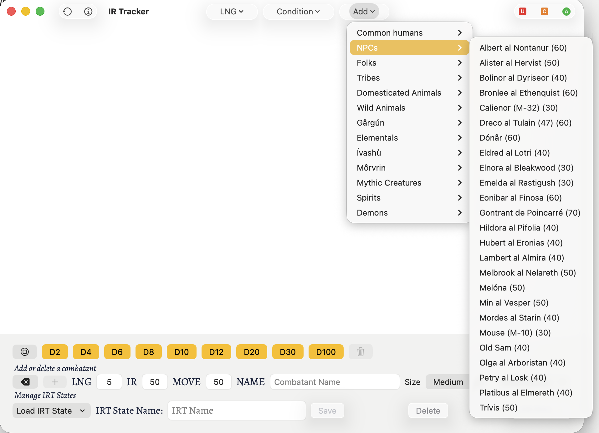 IR Tracker with the add NPC menu open.