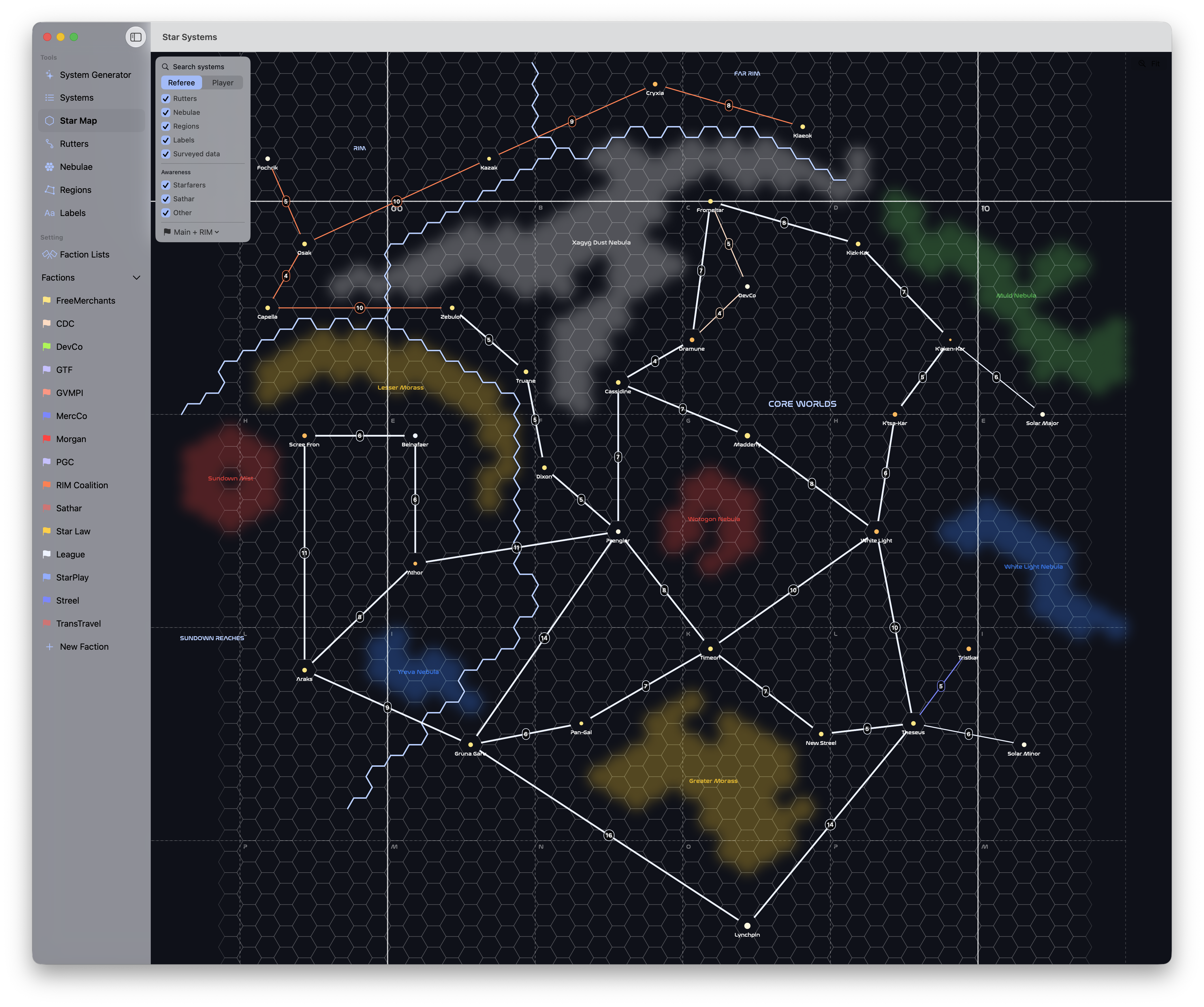 The current verion of the map of the Starfarers League from my program.