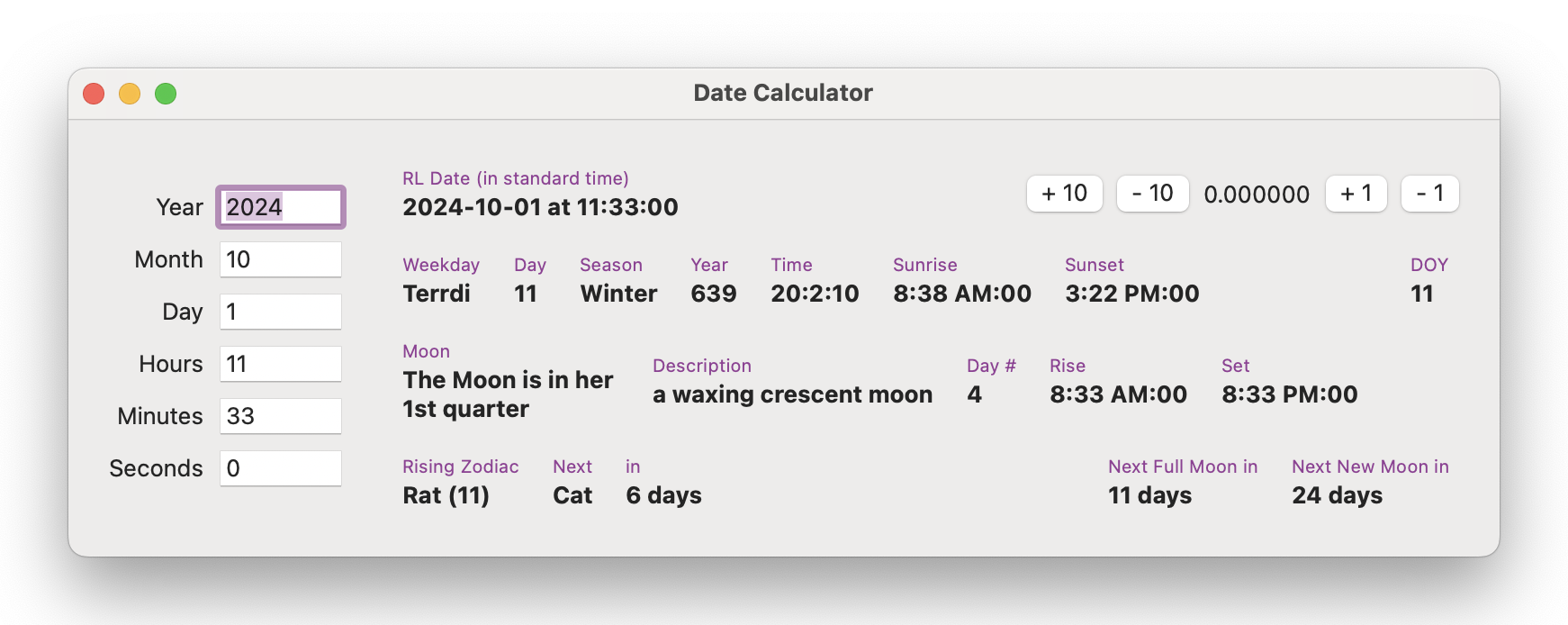 The Date Utility window showing an in-real-life date and its corresponding CL date