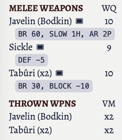 The melee weapons section showing two tabûris, written as 'Tabûri (X2)'.