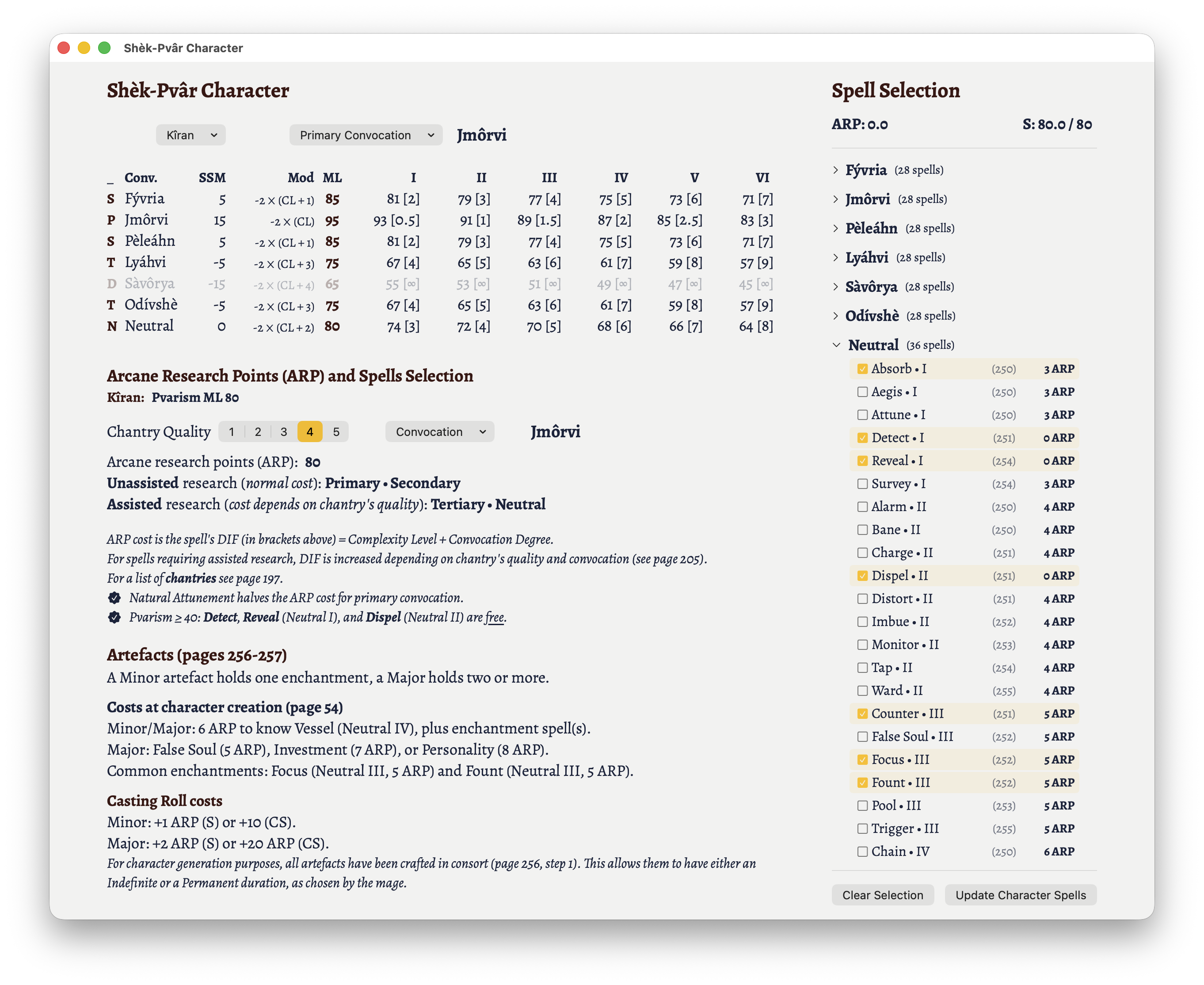 The spell selection window for Shèk-Pvâr characters.