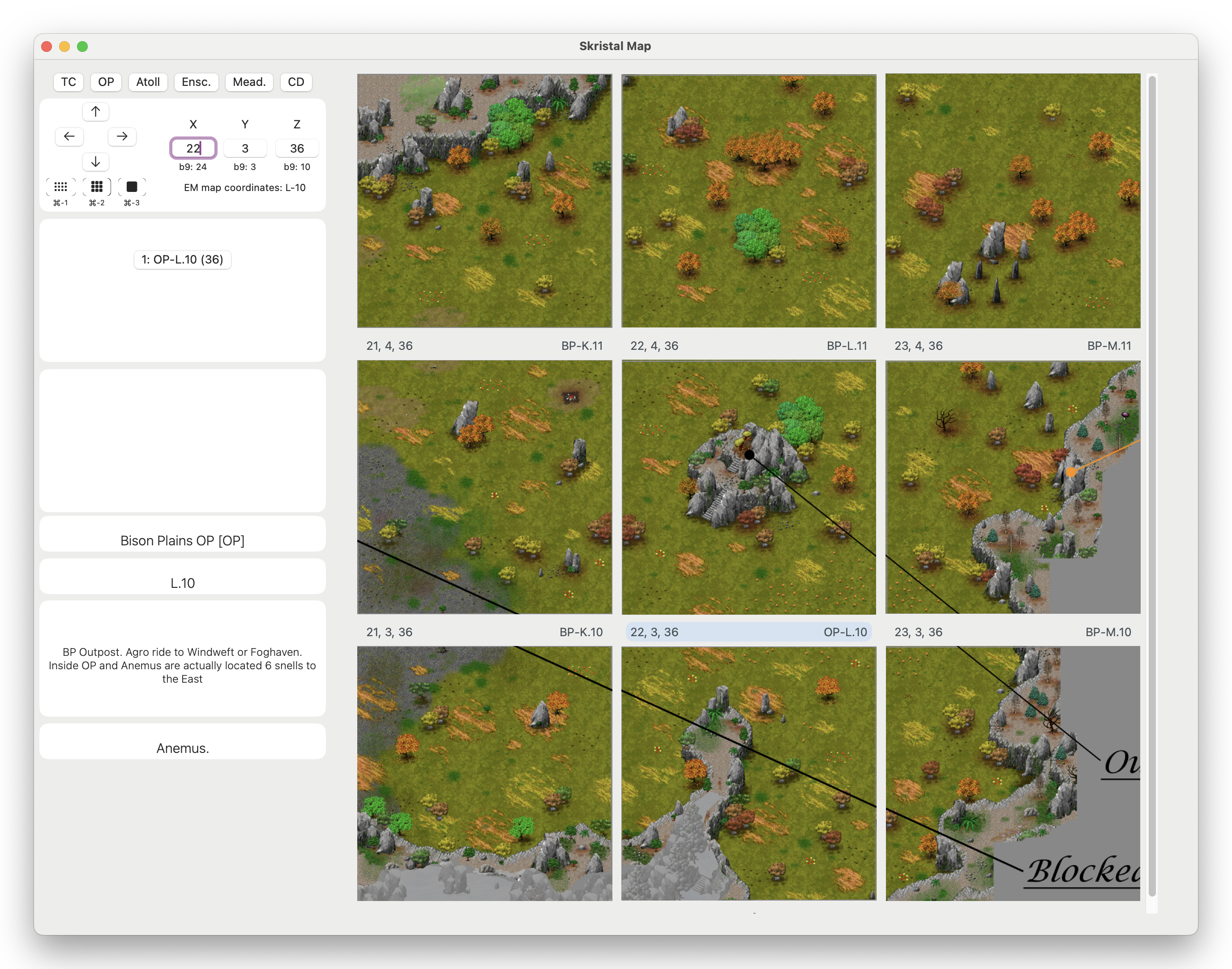 The skristal map showing the Outpost in the Bison Plains