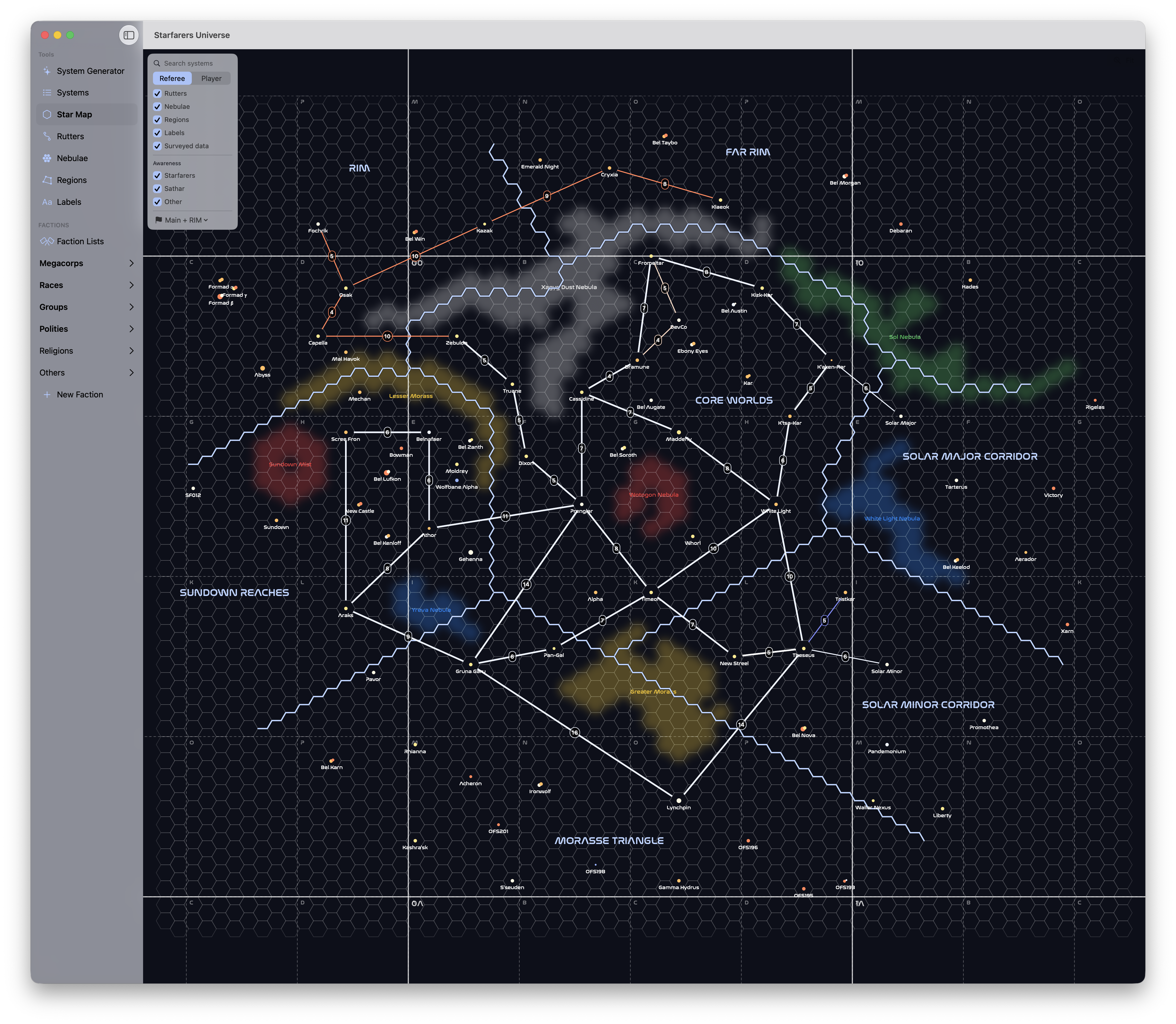 The current verion of the map of the Starfarers League from my program.