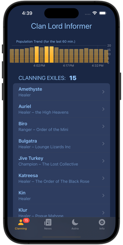 Image of the 'clanning' tab of the application.