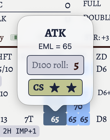 An attack roll with a critical success showing two stars.