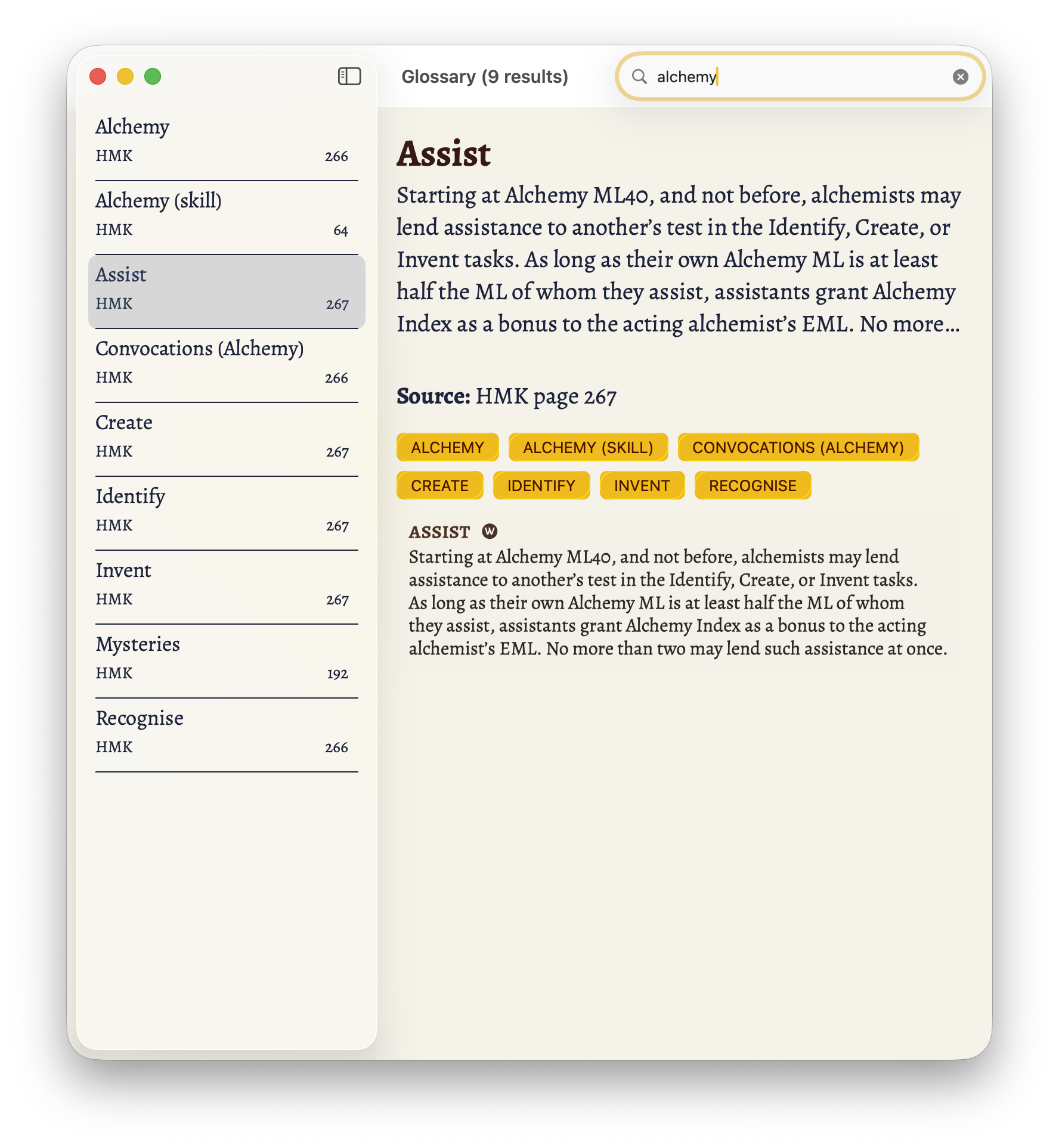 The result of a search for alchemy, with the 'assit' entry selected.