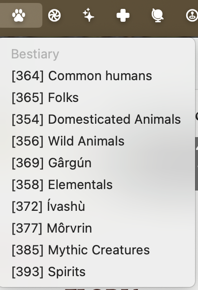 The Bestiary menu.