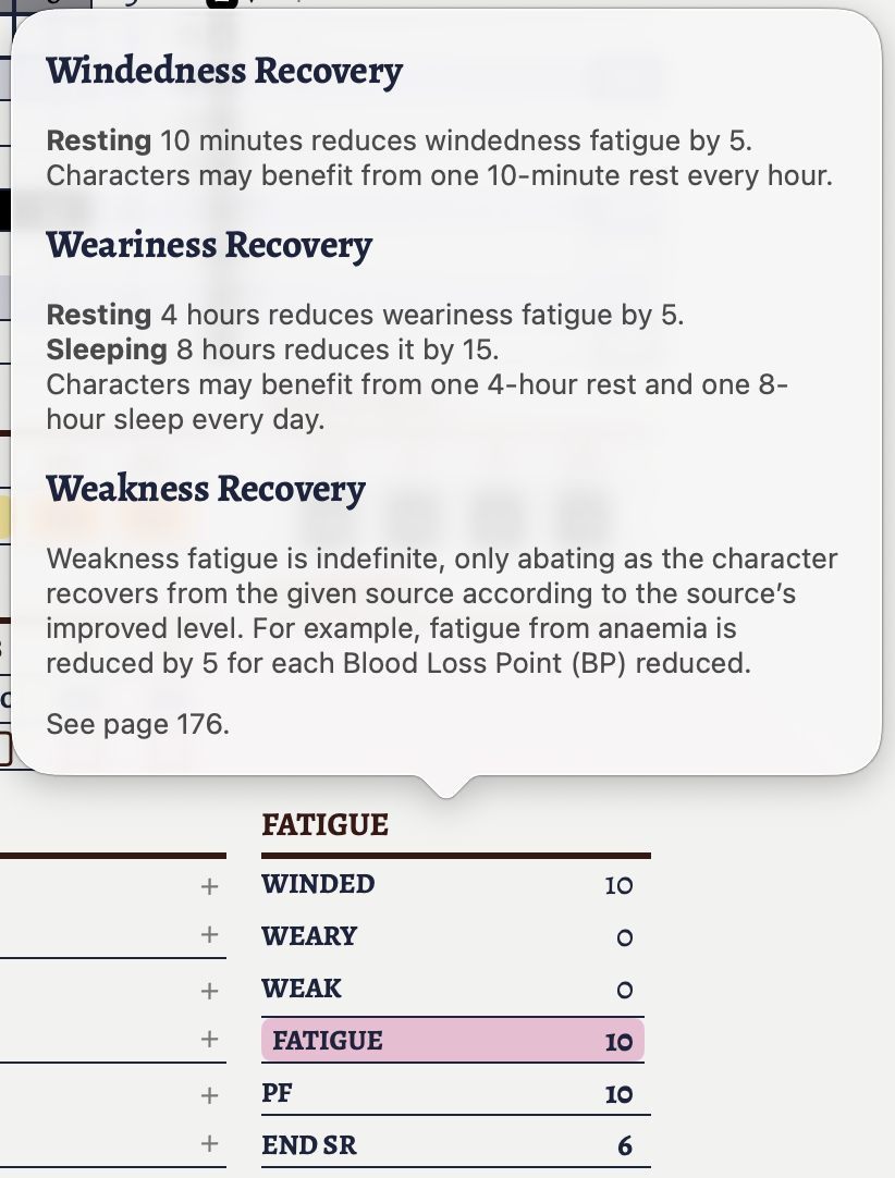 The fatigue recovery popover.