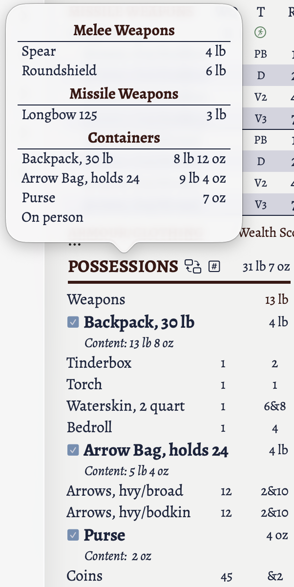 The gear weight detail popover.