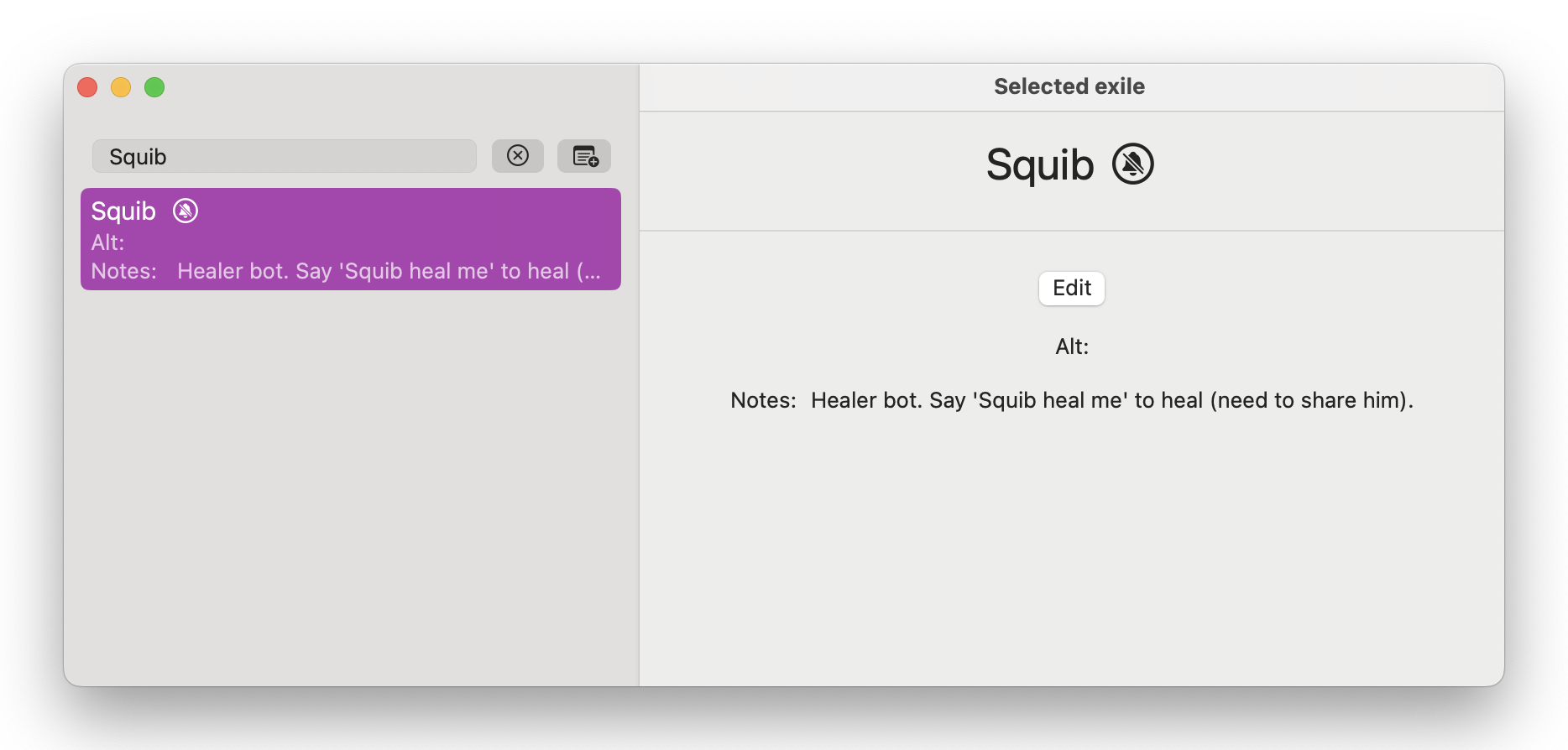 The database information for Squib, a healer bot