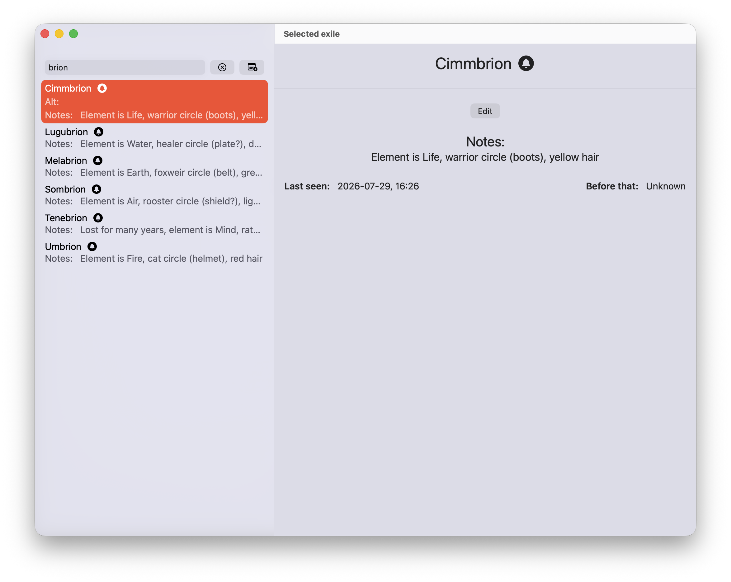 The friends list with a search for brion showing six results and the information for Cimmbrion shown.