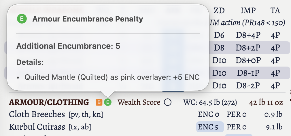 The armour validation popover for additional encumbrance shown on the character sheet.