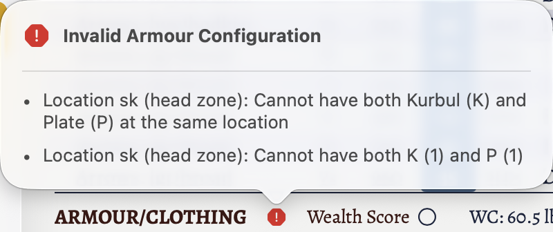 The armour validation popover for an invalid armour set shown on the character sheet.