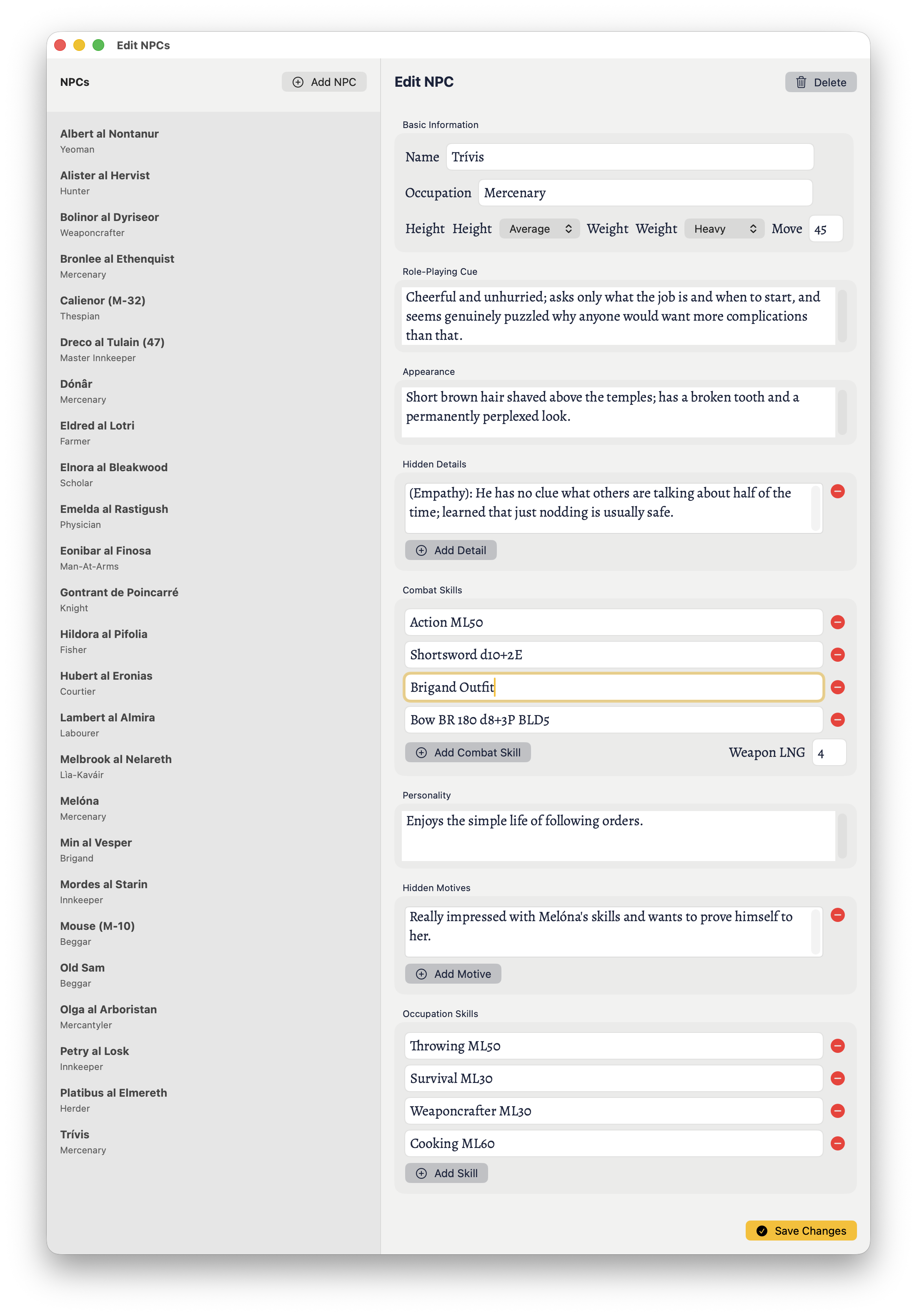 The edit NPC panel for Trivis.