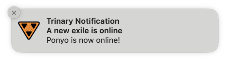 A notification that a character called Ponyo just logged on