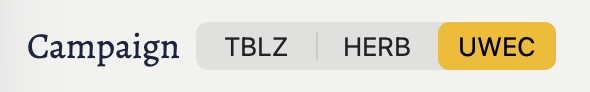 The campaign selector, with each campaign identified by a four-letter code.