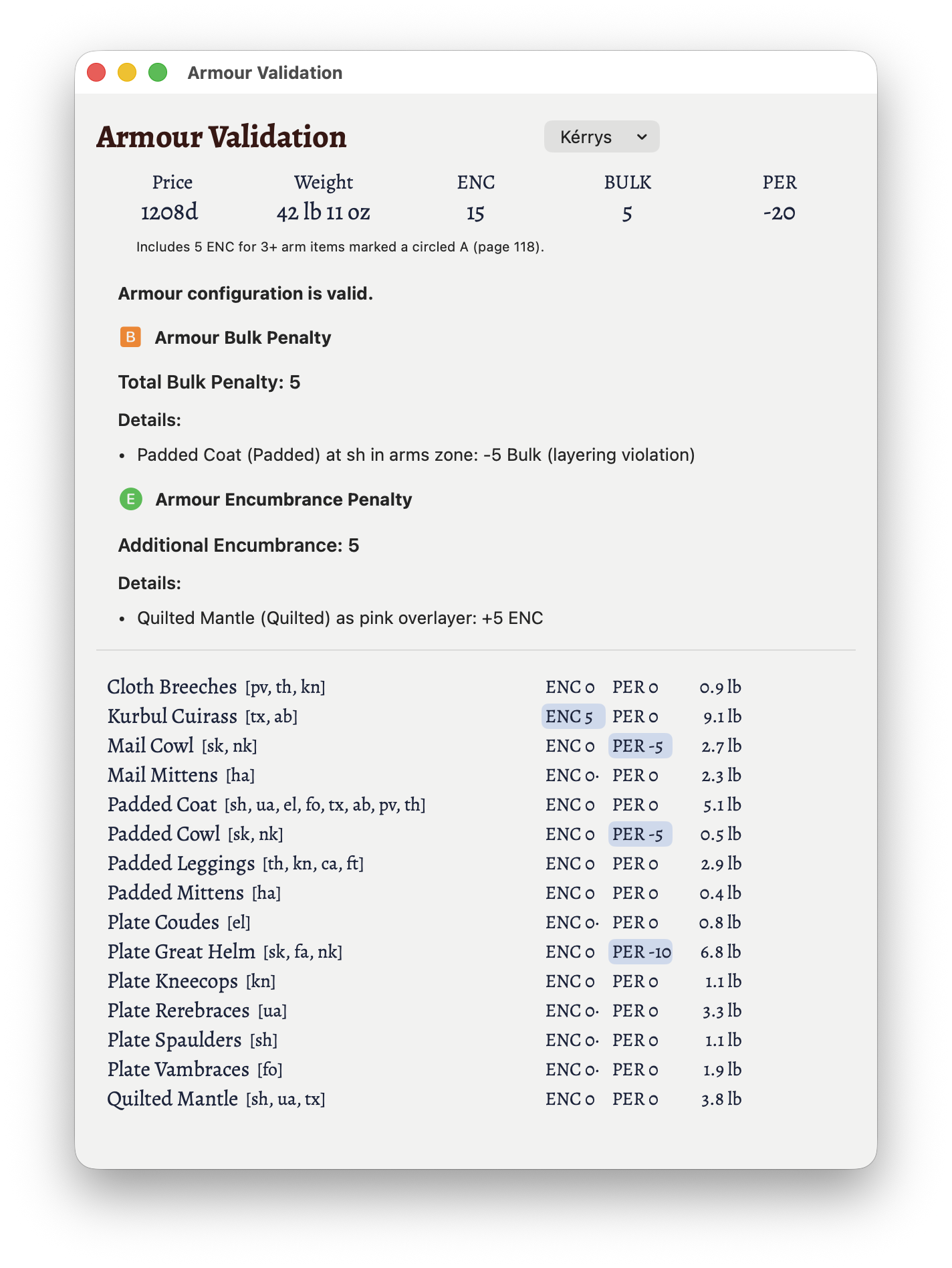 The armour validation window showing a configuration that incurs 5 bulk and an extra 5 ENC.